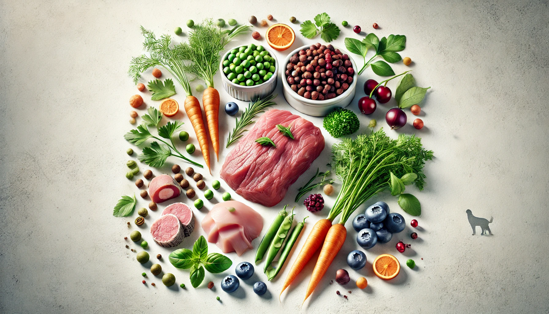 Ингредиенты беззернового корма: мясо, овощи, ягоды и зелень.