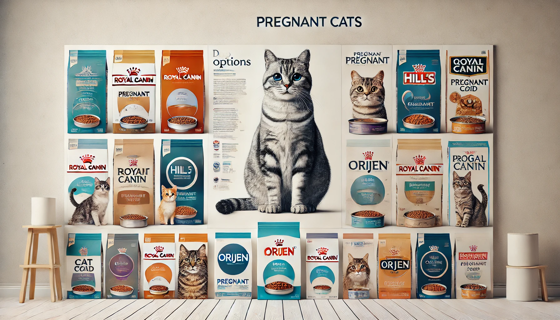 Коллаж с упаковками популярных кормов для беременных кошек: Royal Canin, Hill's и Orijen.