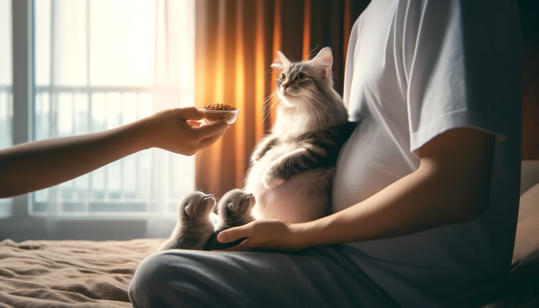 Беременная кошка или кошка с котятами получает корм от хозяев, подчеркивая важность питания для здоровья.