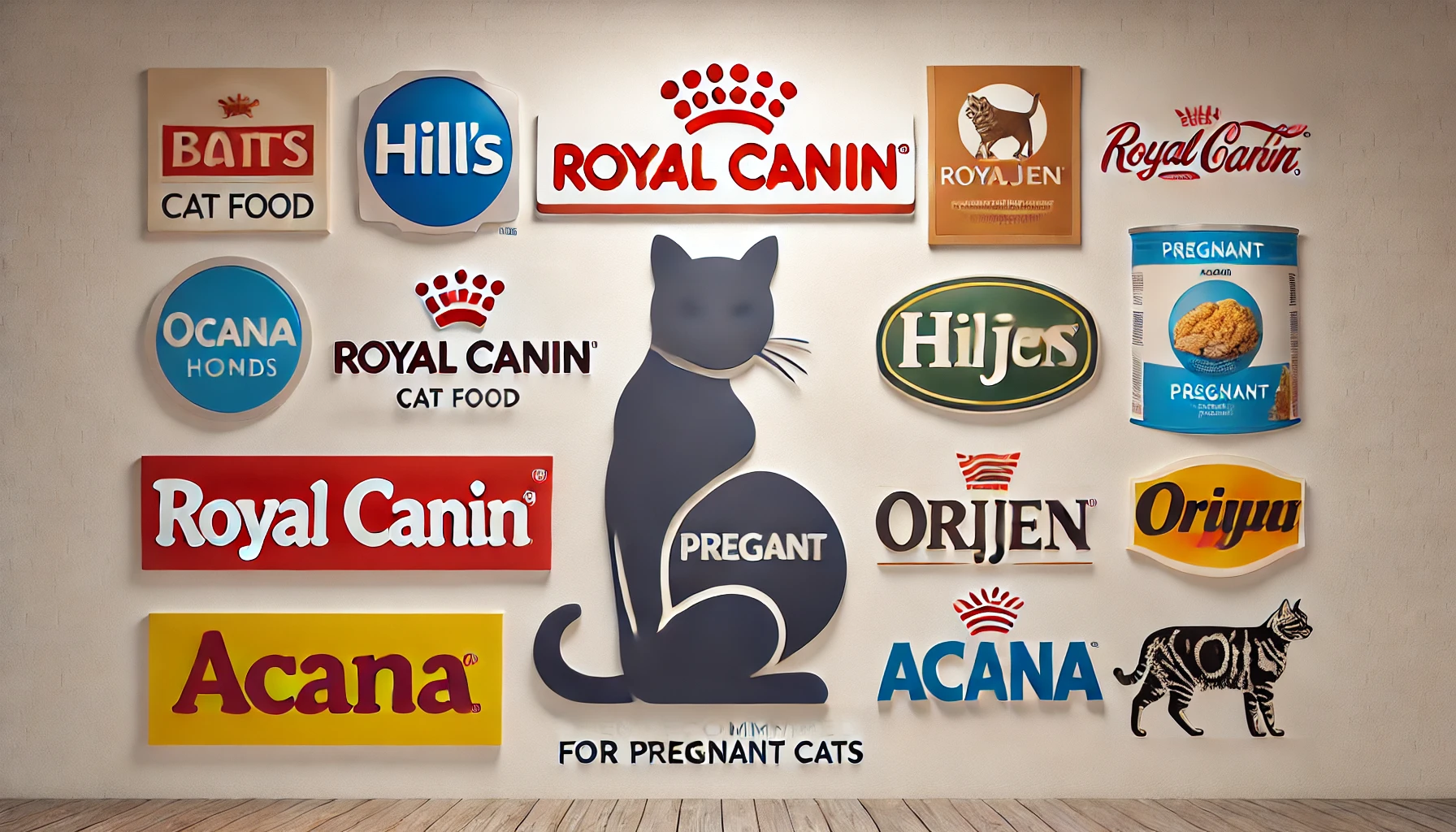 Логотипы известных брендов кормов для кошек, таких как Royal Canin, Hill's, Orijen и Acana.