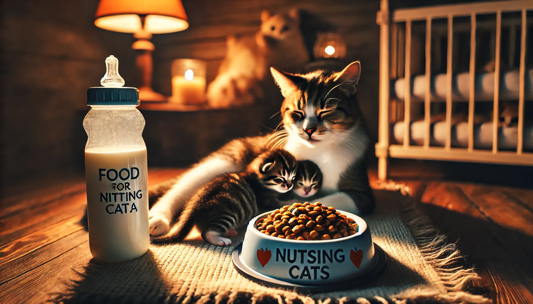 Кошка кормит котят у миски с кормом для кормящих кошек, рядом с бутылкой молока или кормом для котят.