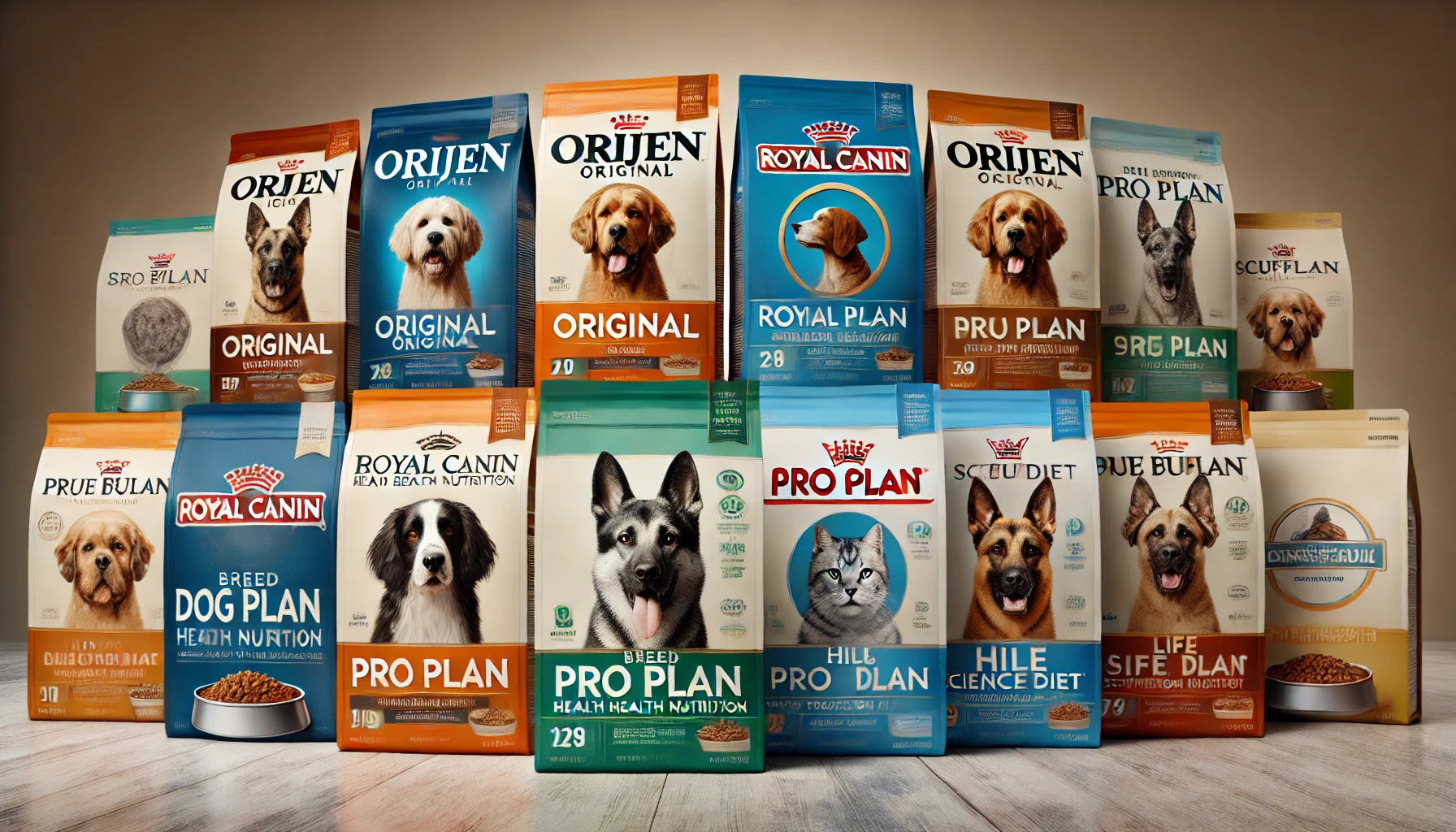 Широкоформатное изображение упаковок кормов разных брендов: Orijen Original, Royal Canin Breed Health Nutrition, Purina Pro Plan, Hill's Science Diet и Blue Buffalo Life Protection Formula.