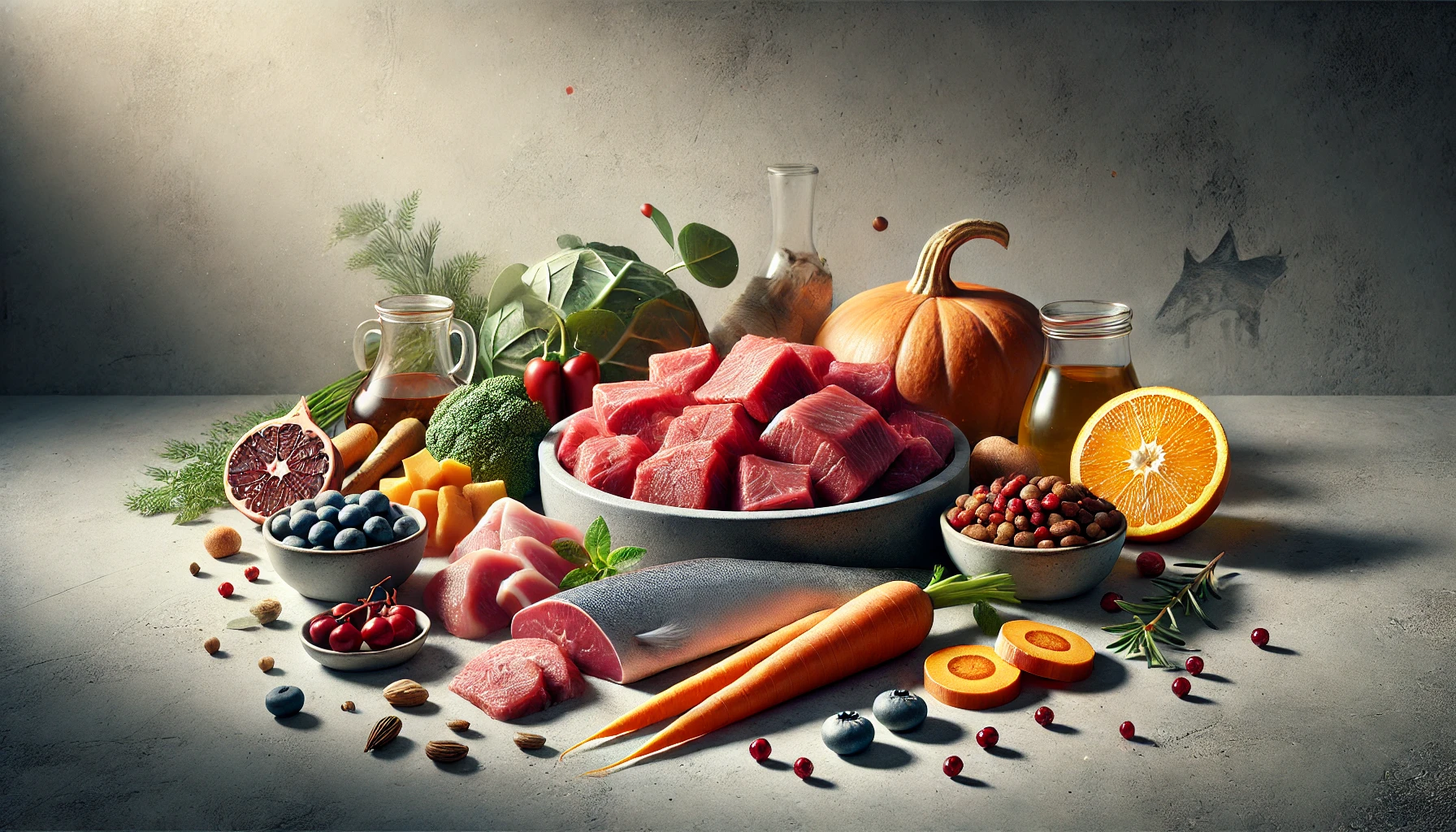 Фотография свежих ингредиентов: кусочки мяса, рыба, морковь, тыква и ягоды на нейтральном фоне.