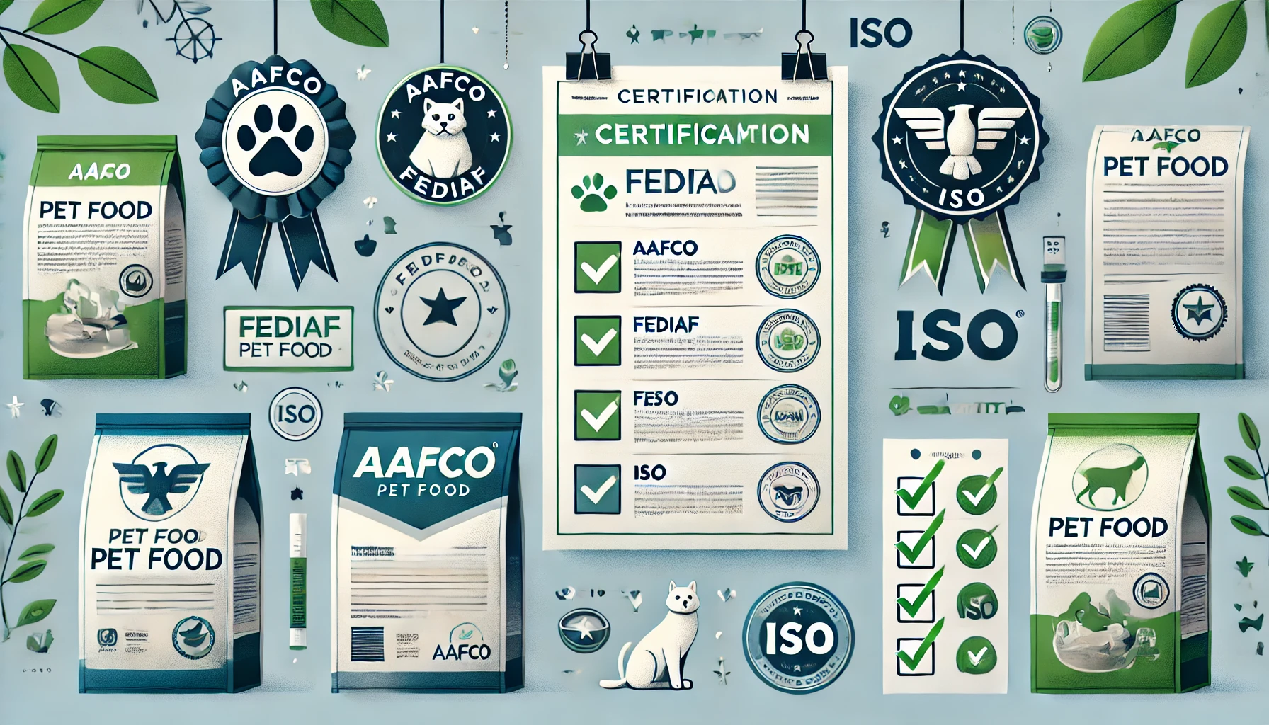 Визуализация сертификатов AAFCO, FEDIAF и ISO с логотипами, документами и контрольным списком.