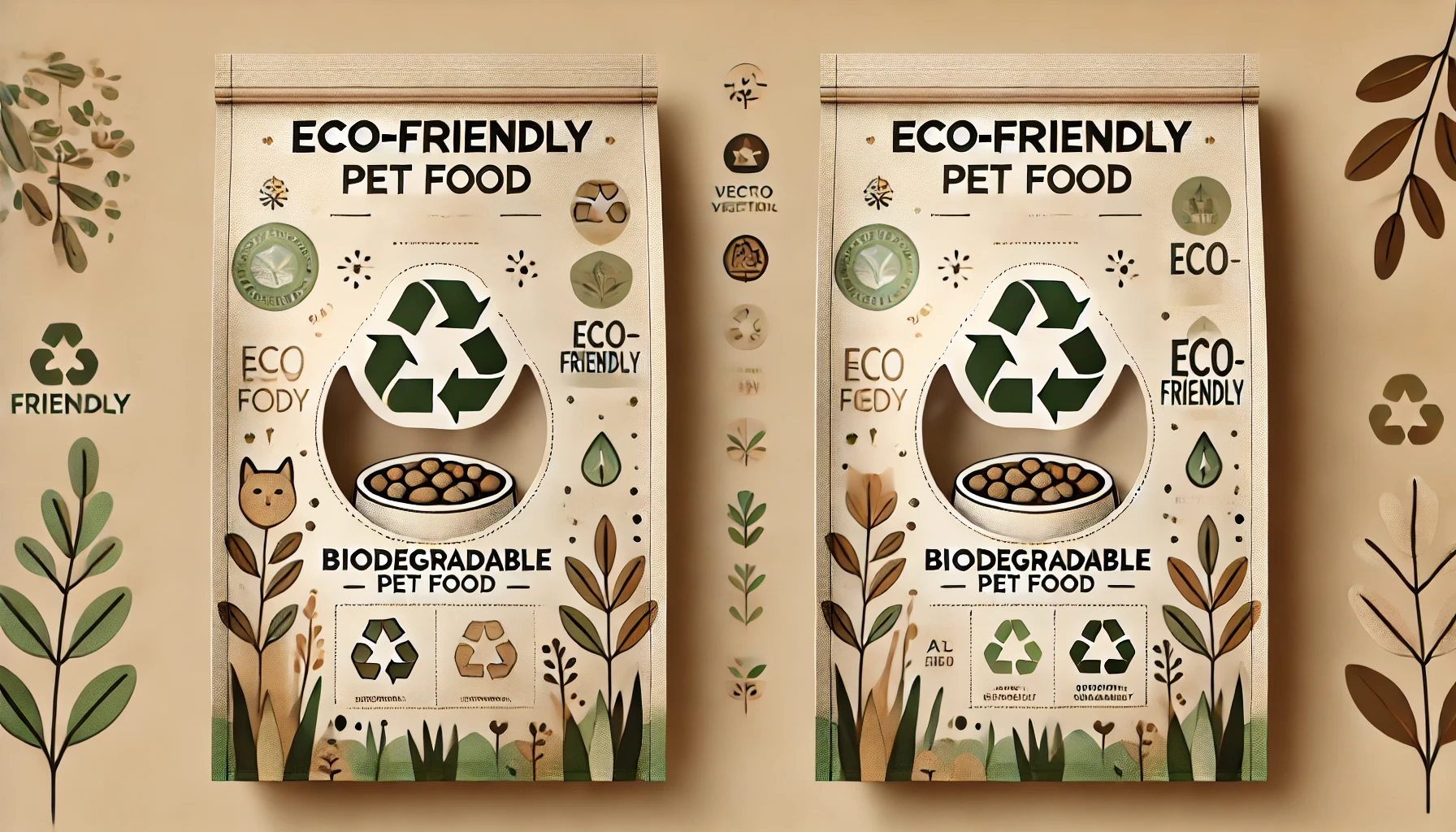 Иллюстрация биоразлагаемой упаковки корма с отметкой "Eco-Friendly" и природными элементами.